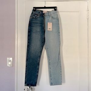 Revice Jeans, high-waisted, split light and dark wash, front to back zip detail.